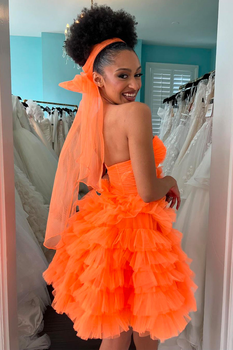 Orange Strapless Ruffled Tiered Tulle Short Homecoming Dress
