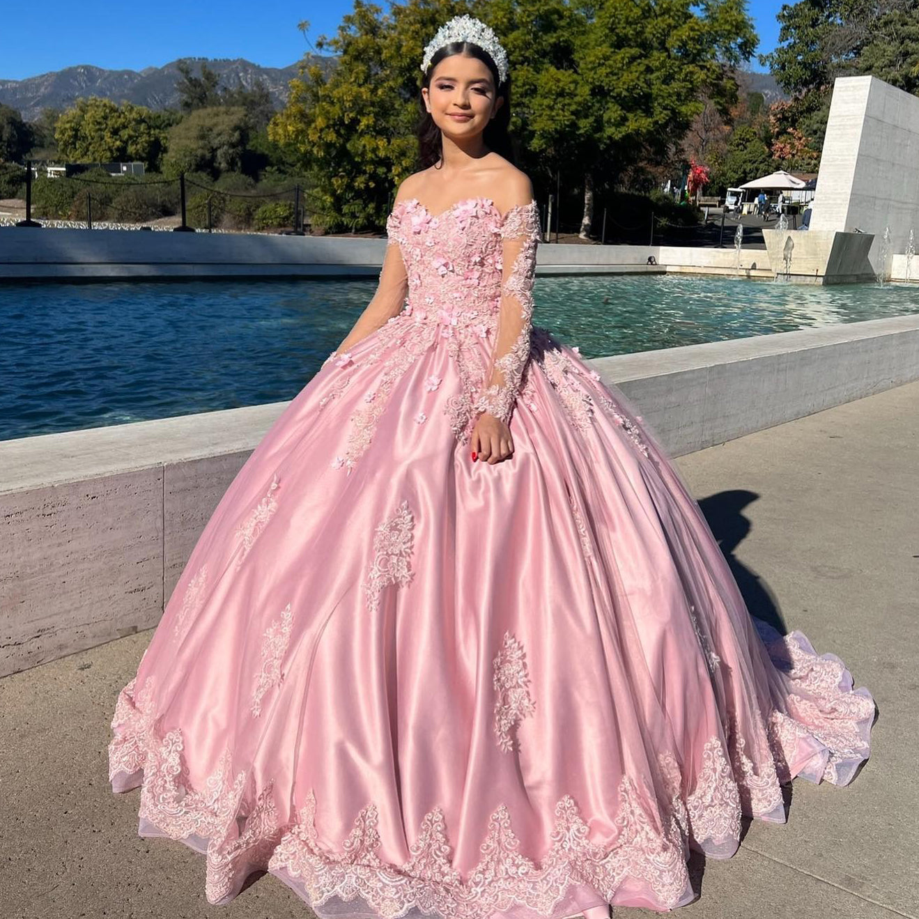 Exquisite Pink Satin Quinceanera Dress Off-Shoulder Ball Gown with Lace Appliques & Beaded Details for Sweet 16 Celebrations