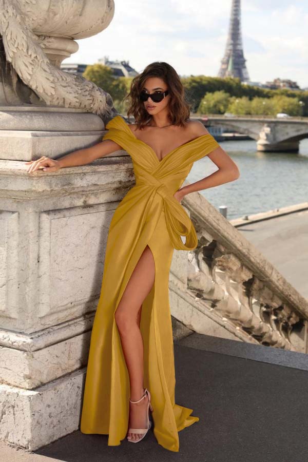 Off the Shoulder Sleeveless Long Mermaid Split Formal Dress With Pleated
