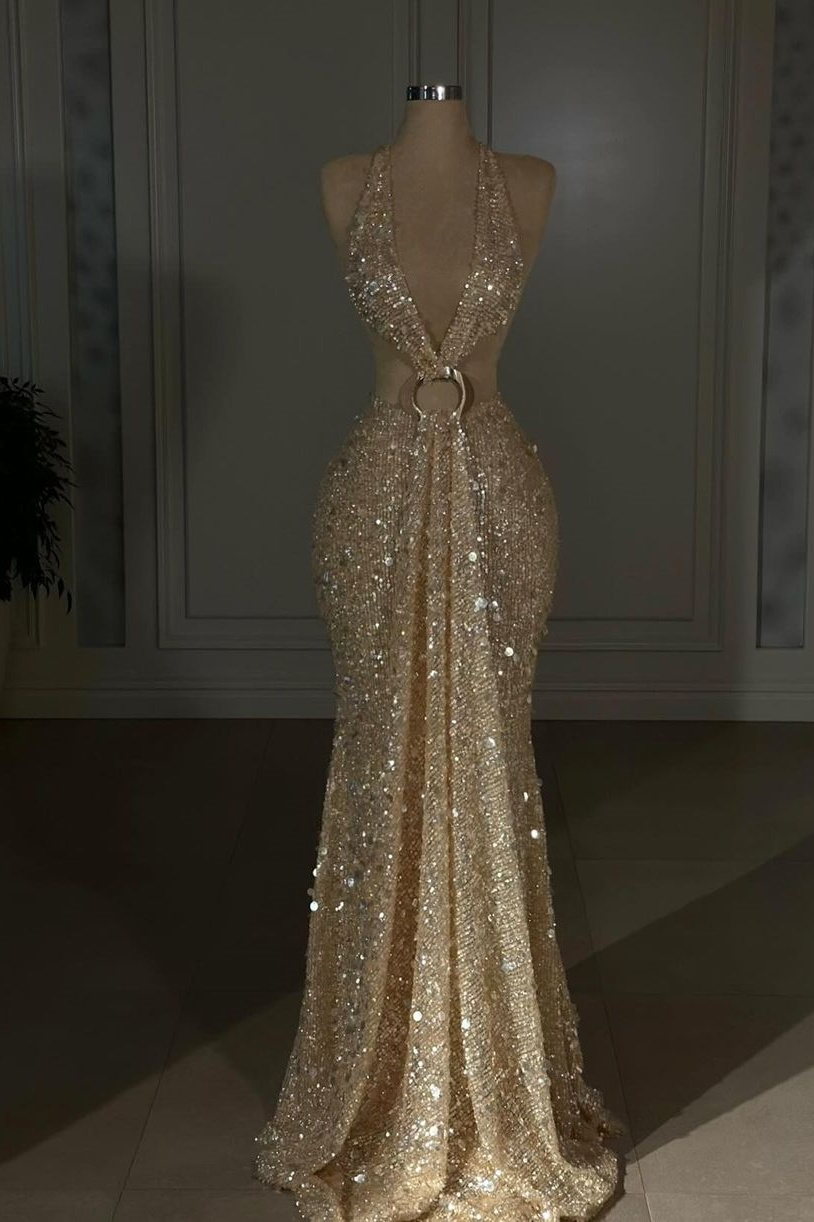 Halter Sleeveless Backless Long Mermaid Formal Dress With Sequins