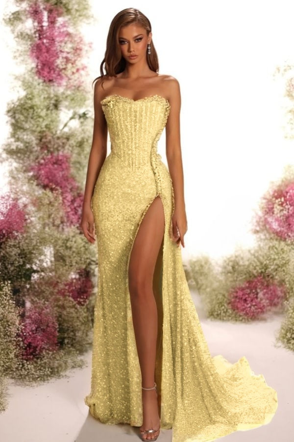 Strapless Sleeveless Long Split Formal Dress With Pleated Sequins