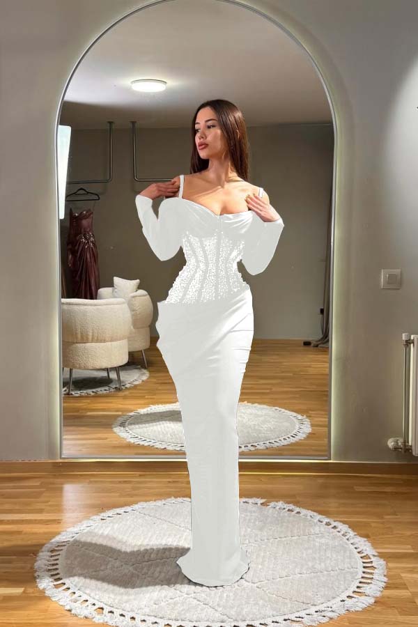 Off the Shoulder Long Sleeves Long Formal Dress With Sequins Pleated