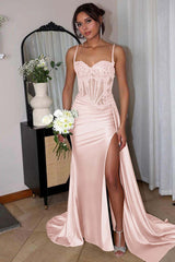 Spaghetti Strap Sleeveless Split Long Mermaid Formal Dress With Appliques