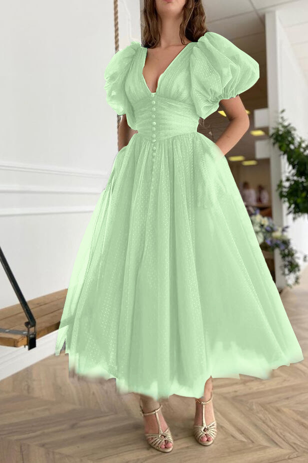 Newinlook Dark Green Evening Dress A-Line With Short Sleeves V-Neck