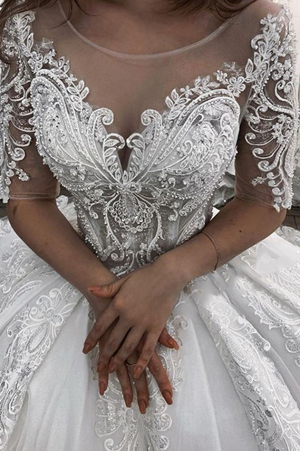 3/4 Sleeves Ball Gown Wedding Dress Lace Appliques With Beads