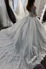 3/4 Sleeves Ball Gown Wedding Dress Lace Appliques With Beads