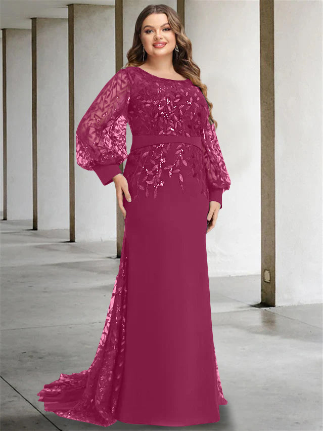 Plus Size Floor-Length Mermaid/Trumpet Mother of the Bride Dress with Scoop Neck and Long Sequined Sleeves