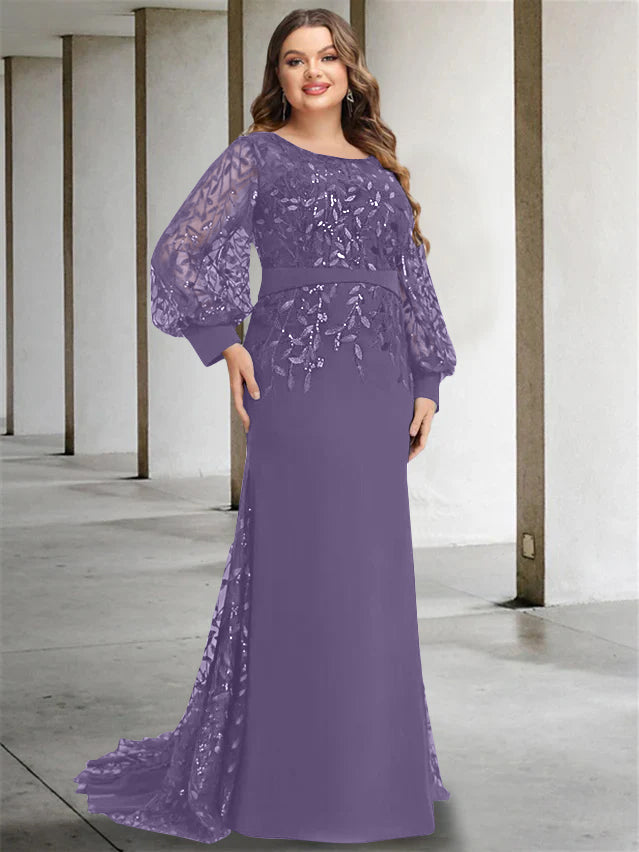Plus Size Floor-Length Mermaid/Trumpet Mother of the Bride Dress with Scoop Neck and Long Sequined Sleeves