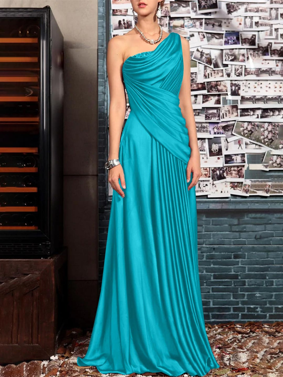 One Shoulder Sleeveless Floor Length Mother of the Bride Dress with Crystal Pleats and Draping
