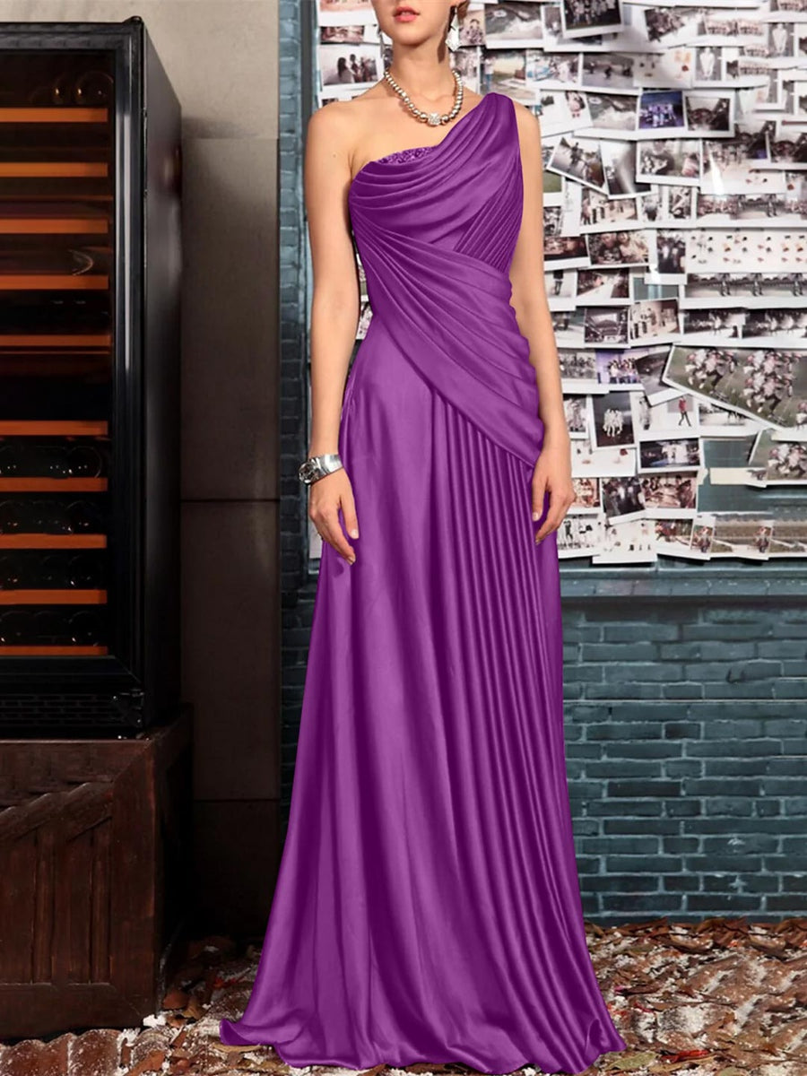 One Shoulder Sleeveless Floor Length Mother of the Bride Dress with Crystal Pleats and Draping