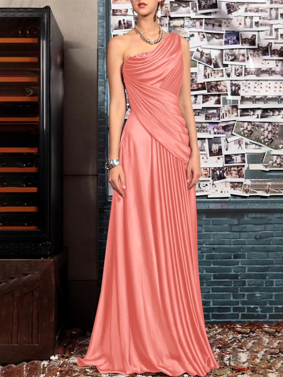 One Shoulder Sleeveless Floor Length Mother of the Bride Dress with Crystal Pleats and Draping