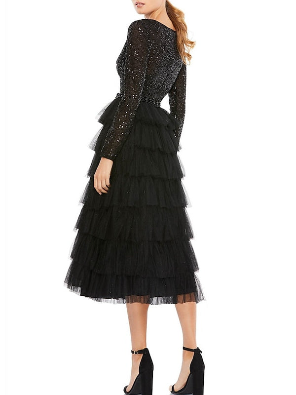 Sequin-Tiered Tea-Length A-Line Dress with Jewel Neckline and Long Sleeves for the Mother of the Bride
