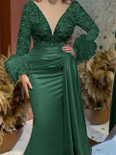 Trumpet/Mermaid V-Neck Satin Mother of the Bride Gown with Feather Glitter and Ruched Long Sleeves