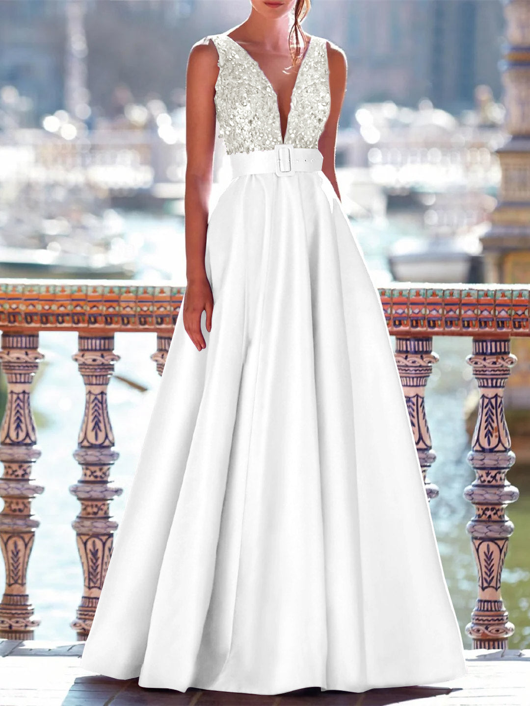 Sleeveless V-Neck A-Line Prom Dress with Pockets in Floor-Length Satin and Pearls