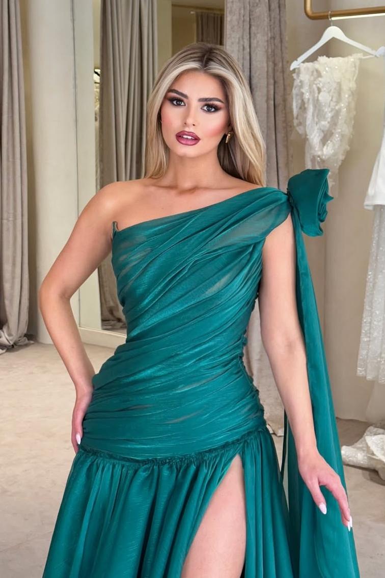 One Shoulder Sleeveless Long Split Formal Dress With Pleated