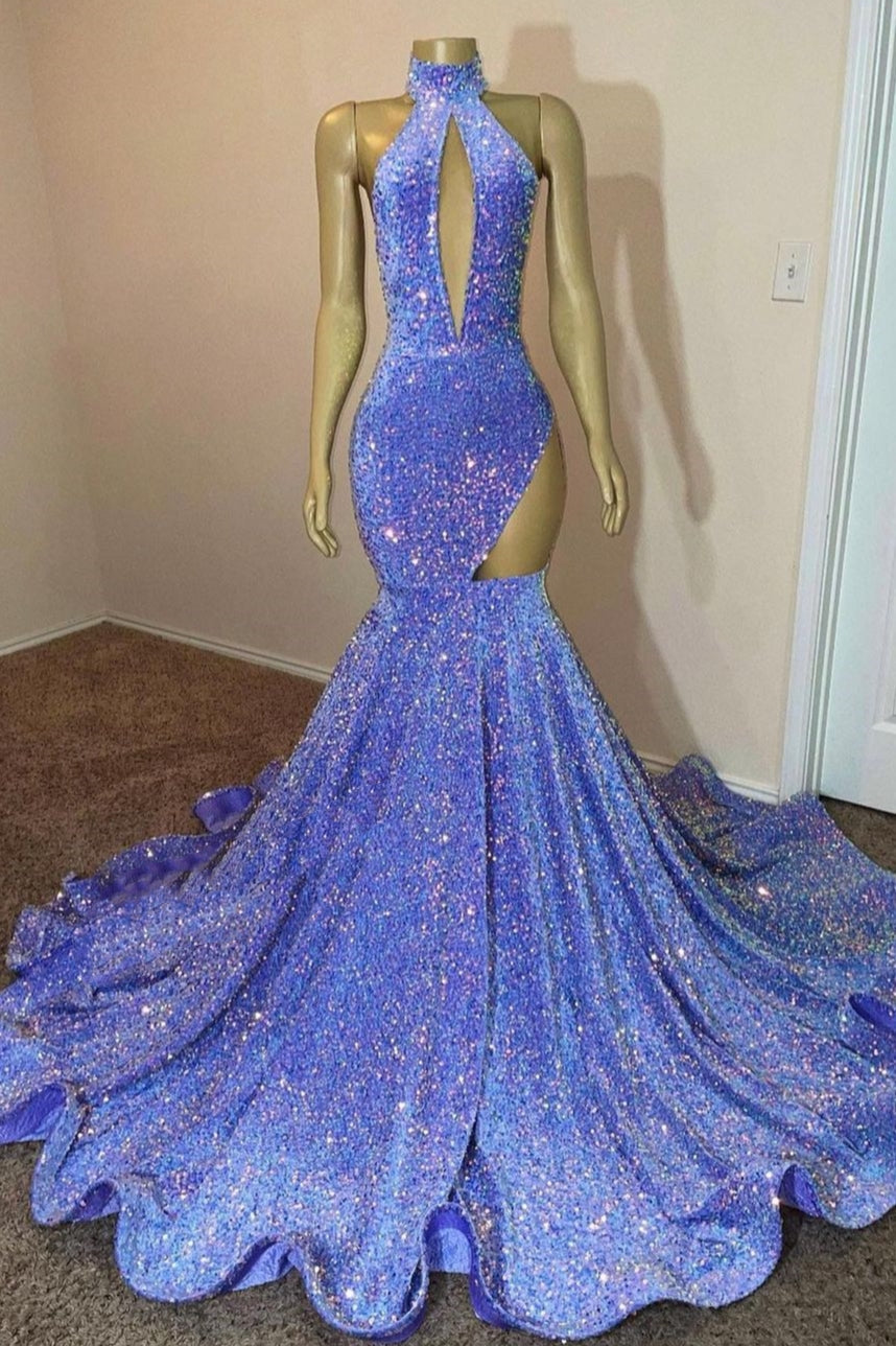 Elegant Halter Sequin Lavender Keyhole Mermaid Prom Party Dresses with Cutouts