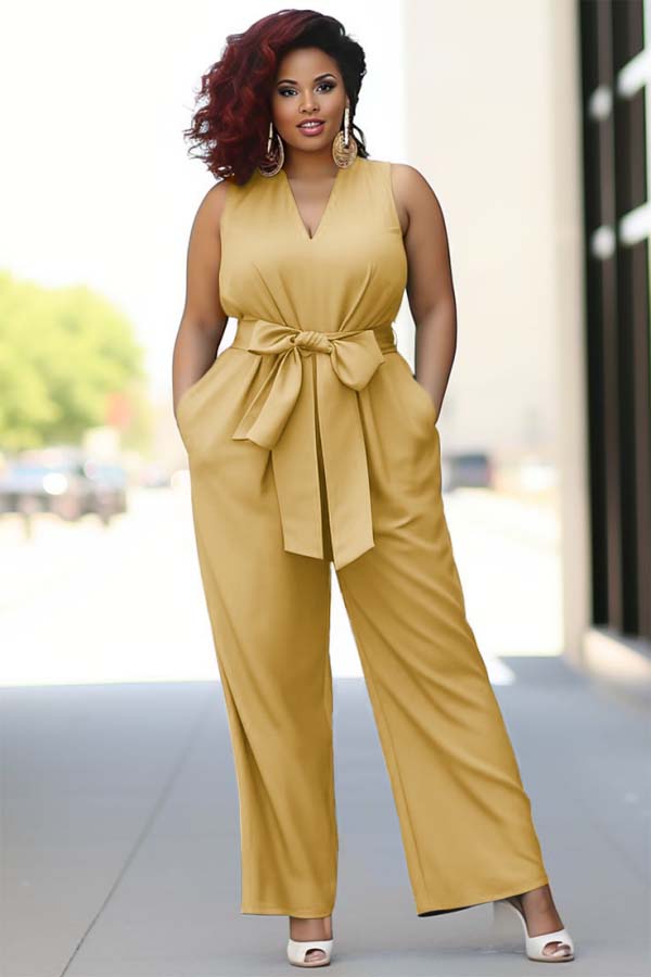 Newinlook Pool Blue V-Neck Sleeveless Jump Suit With Bow Belt