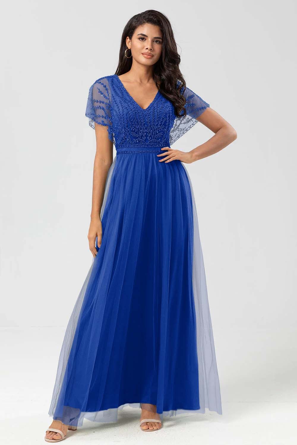 Tulle Short Sleeves V Neck A Line Long Formal Dress With Appliques