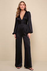 Newinlook Graceful Black Deep V-Neck Long Jump Suit With Long Sleeves