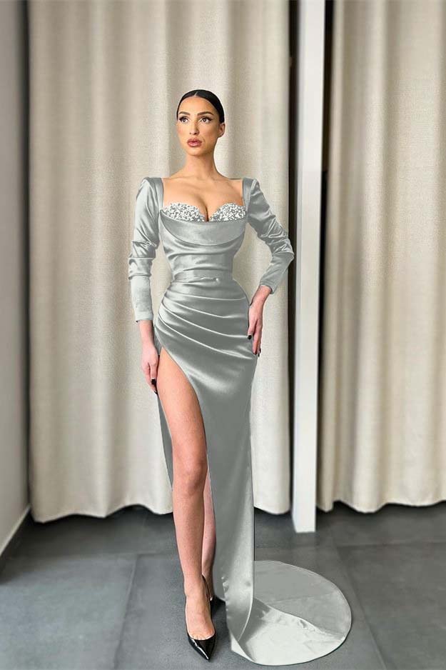 Newinlook Dark Green Long Sleeves Evening Dress Split With Sequins