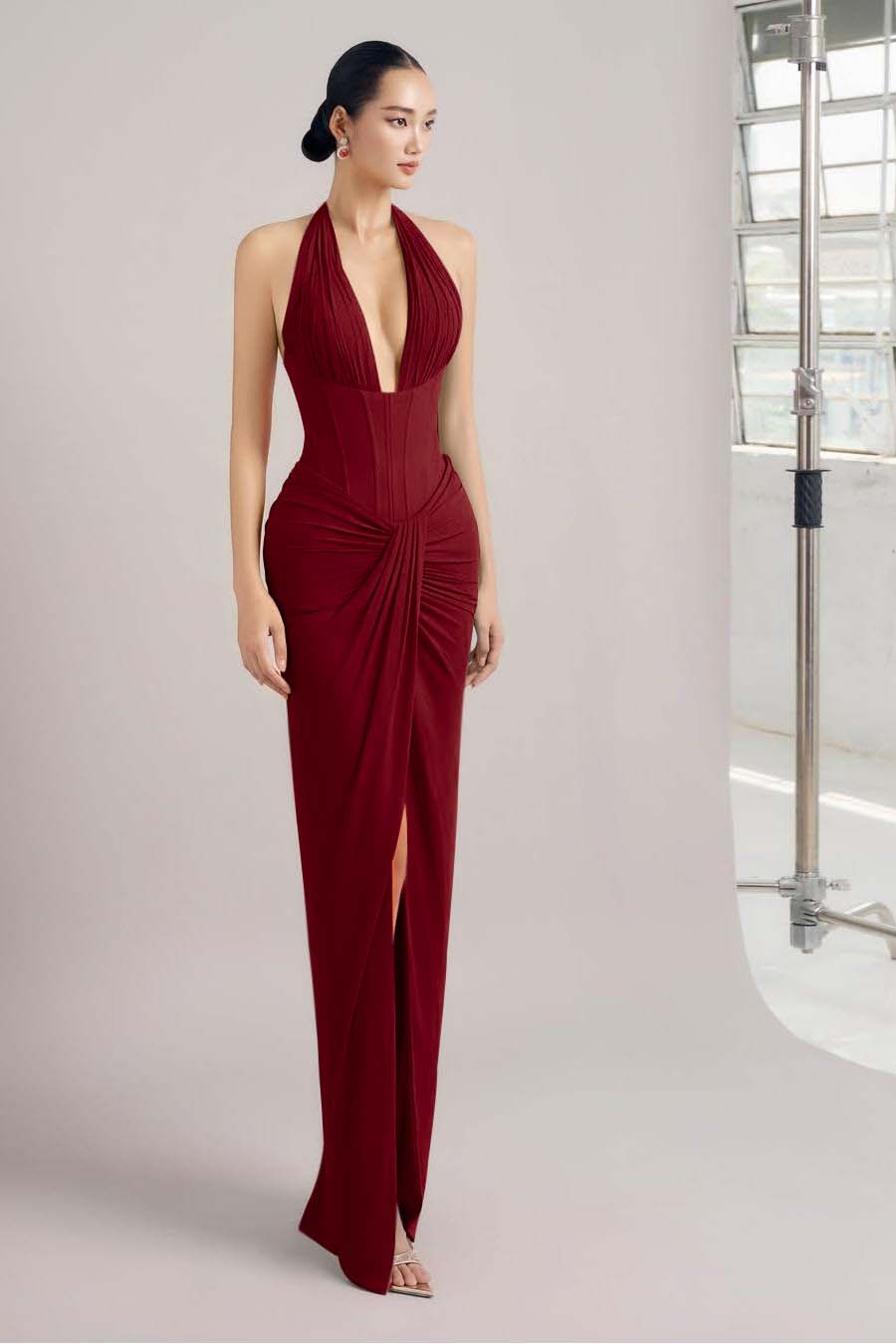 Sleeveless Halter Long Mermaid Split Formal Dress With Pleated
