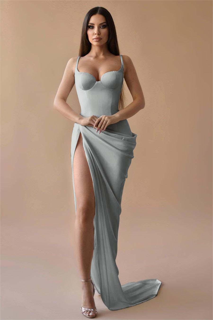 Simple White Spaghetti Strap Sleeveless Pleated Long Formal Dress With Split
