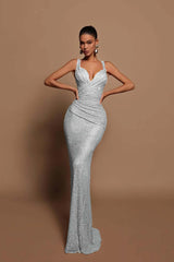 Sexy Pink Long Sequins Formal Dress V Neck Mermaid Sleeveless