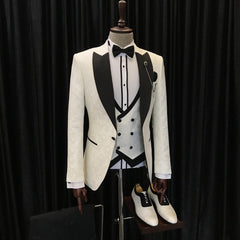 Newinlook Alvin White Jacquard Three-Piece Wedding Suit with Black Peaked Lapel