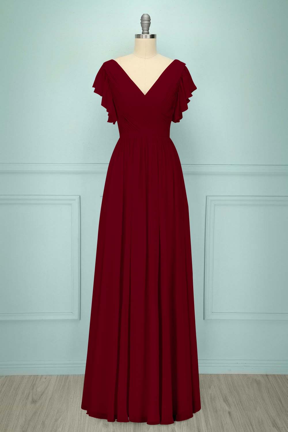 Chiffon V Neck Sleeveless Long Formal Dress With Pleated Ruffle