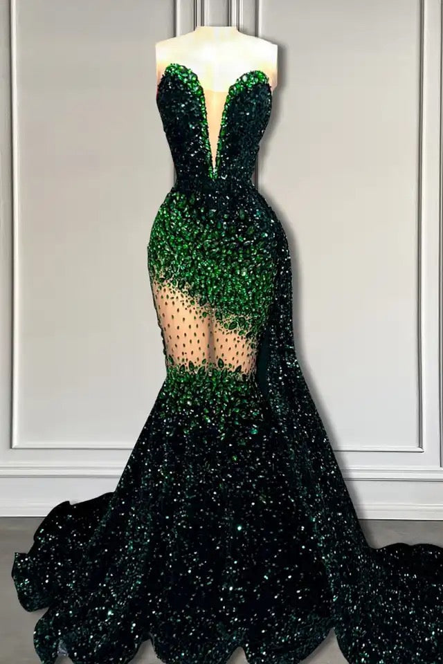 Glamorous V-Neck Sequins Prom Dresses Mermaid Sleeveless Crystal