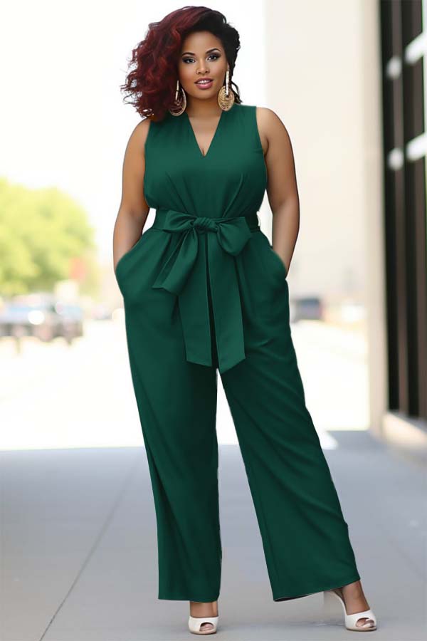 Newinlook Pool Blue V-Neck Sleeveless Jump Suit With Bow Belt