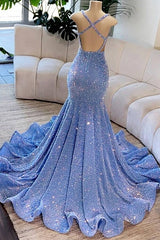 Beautiful Deep V-Neck Mermaid Sequins Backless Long Prom Dresses