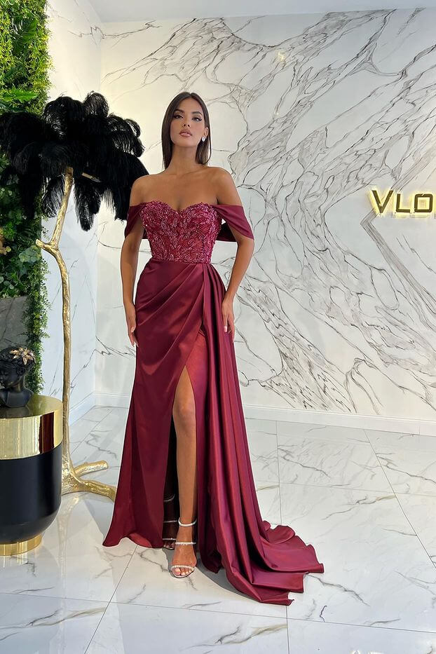 Amazing Off the Shoulder Sweetheart Formal Dress With Sequins Split