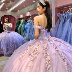 Lavender Tulle Quinceanera Dress Off-Shoulder Ball Gown with Beaded Lace & Butterfly Appliques for Sweet 16 & Princess Evening Gowns