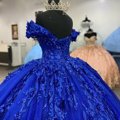 Royal Blue Off-Shoulder Ball Gown Lace & Beaded Quinceanera Dress for Sweet 16 & Prom