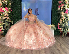 Ball Gown Strapless Cape Dress 3D Floral Appliques & Beaded Details in Rose Pink Tulle for Quinceanera or Sweet 16