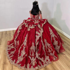 Off-Shoulder Red Tulle Quinceanera Dress Cap Sleeve Lace Applique Ball Gown for Sweet 16 Prom & Birthday Parties