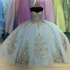 Light Blue Quinceanera Dress Strapless 3D Floral Lace Applique Ball Gown with Bow Detail for Sweet 16 & Birthday Celebrations