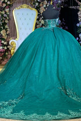 Dark Green Beaded Quinceanera Ball Gown Off-Shoulder Pleated Tulle Evening Dress for Sweet 16 & Formal Events