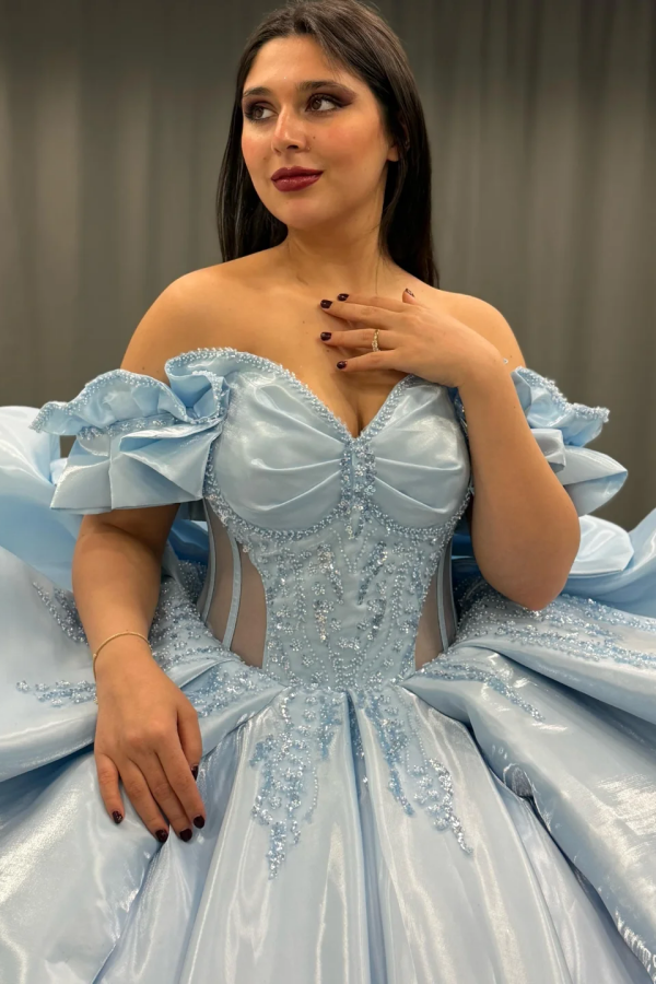 Exquisite Baby Blue Satin Quinceanera Dress Off-Shoulder Beaded Ball Gown with Sequins & Bow Detail for Sweet 16 & Birthday Parties