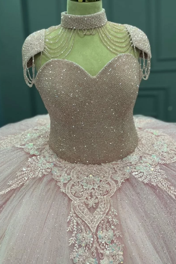 Sweetheart Neckline Ball Gown with Beaded Appliques Baby Pink Tulle Quinceanera & Sweet 16 Formal Evening Dress