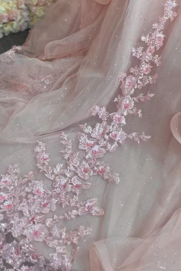 Pink Tulle Quinceanera Dress Off-Shoulder Ball Gown with 3D Flower Appliques Beaded Crystal Ruffles & Sleeveless Design for Sweet 16 Formal Evenings & Birthday Parties