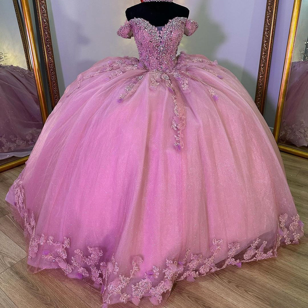 Off-Shoulder Ball Gown with 3D Floral Lace Appliques Pink Tulle Quinceanera Dress for Sweet 16 & Princess Evening Parties