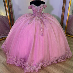 Off-Shoulder Ball Gown with 3D Floral Lace Appliques Pink Tulle Quinceanera Dress for Sweet 16 & Princess Evening Parties