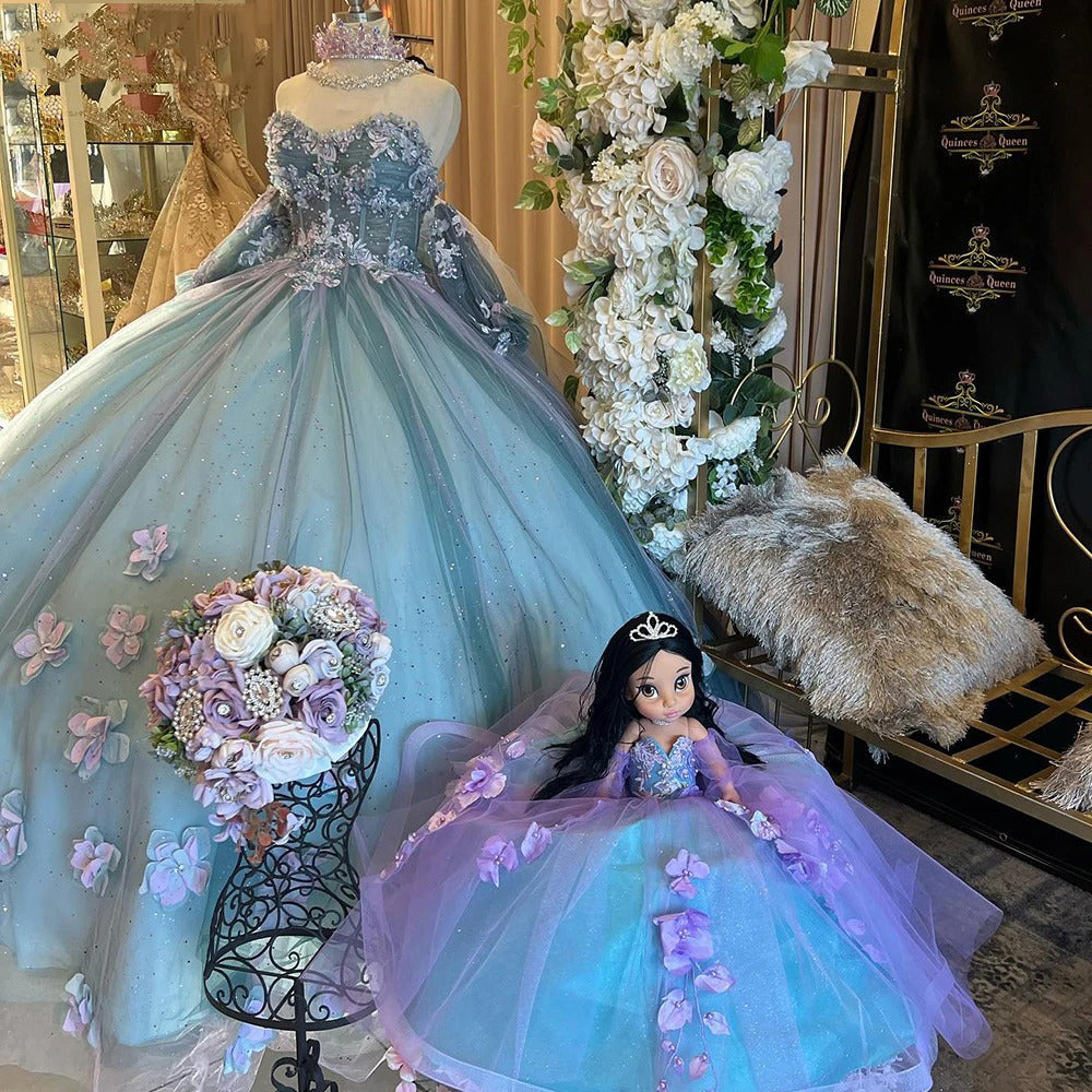 Off-Shoulder Ball Gown Sweetheart Neck Quinceanera Dress with 3D Floral Appliques & Sparkling Beaded Tulle for Sweet 16 & Princess Parties