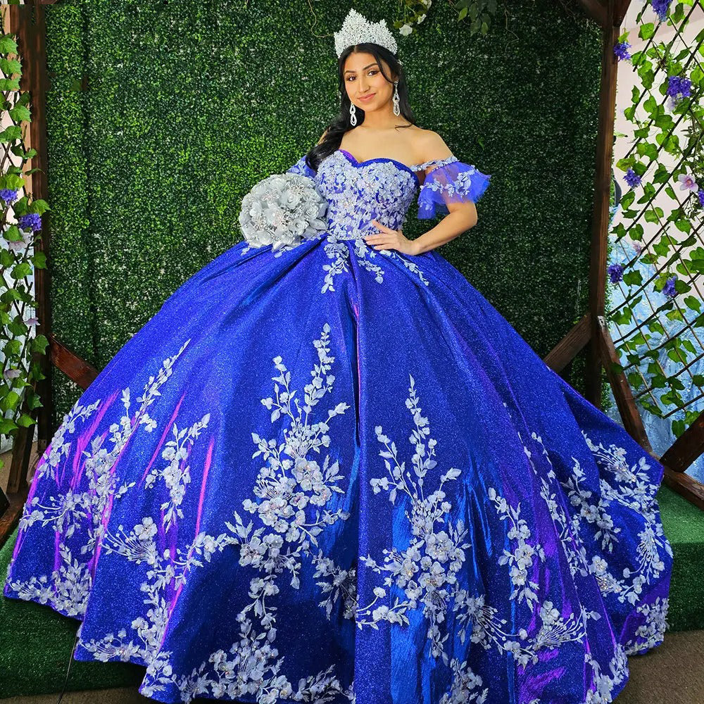 Royal Blue Ball Gown Off-Shoulder Floral Lace & Beaded Tulle Quinceanera Dress for Sweet 16 & Princess Evening Parties