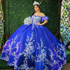 Royal Blue Ball Gown Off-Shoulder Floral Lace & Beaded Tulle Quinceanera Dress for Sweet 16 & Princess Evening Parties