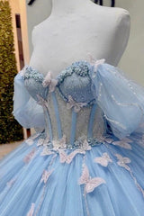 Baby Blue Ball Gown Off-Shoulder Sleeveless Tulle Quinceanera Dress with Beaded Sequins & 3D Butterfly Appliques