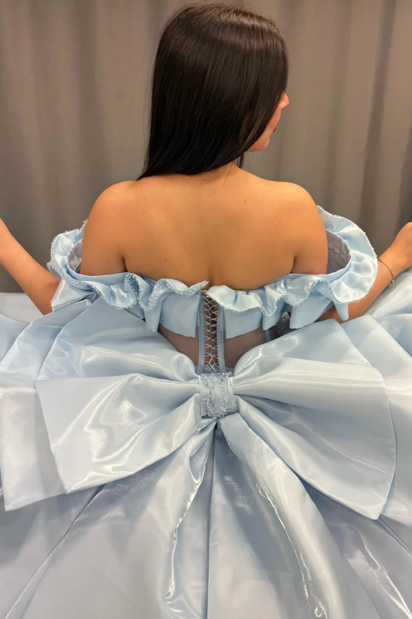 Exquisite Baby Blue Satin Quinceanera Dress Off-Shoulder Beaded Ball Gown with Sequins & Bow Detail for Sweet 16 & Birthday Parties