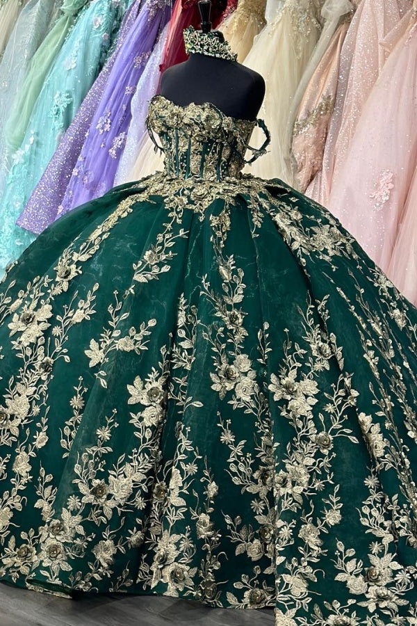 Dark Green Off-Shoulder Ball Gown Sequined Pleated Tulle Quinceanera & Evening Party Dress